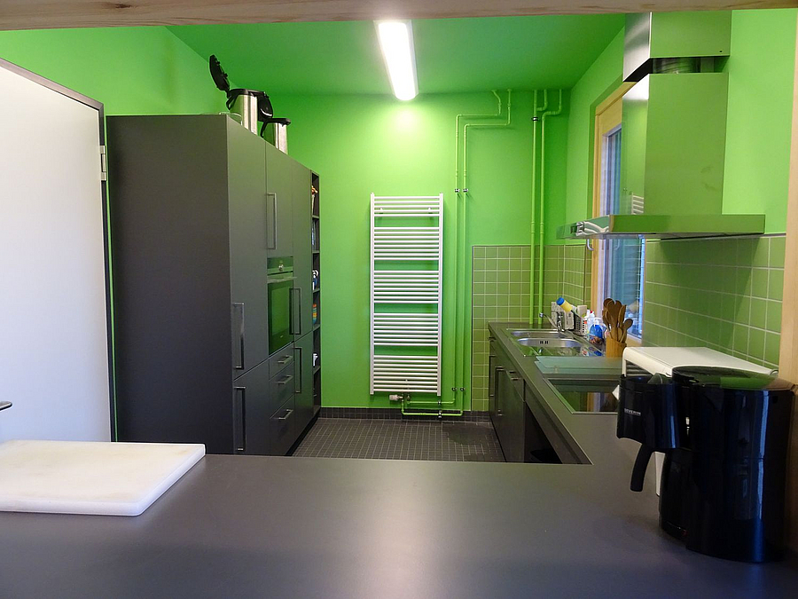 Küche mit grünen Wänden und grauer Einrichtung