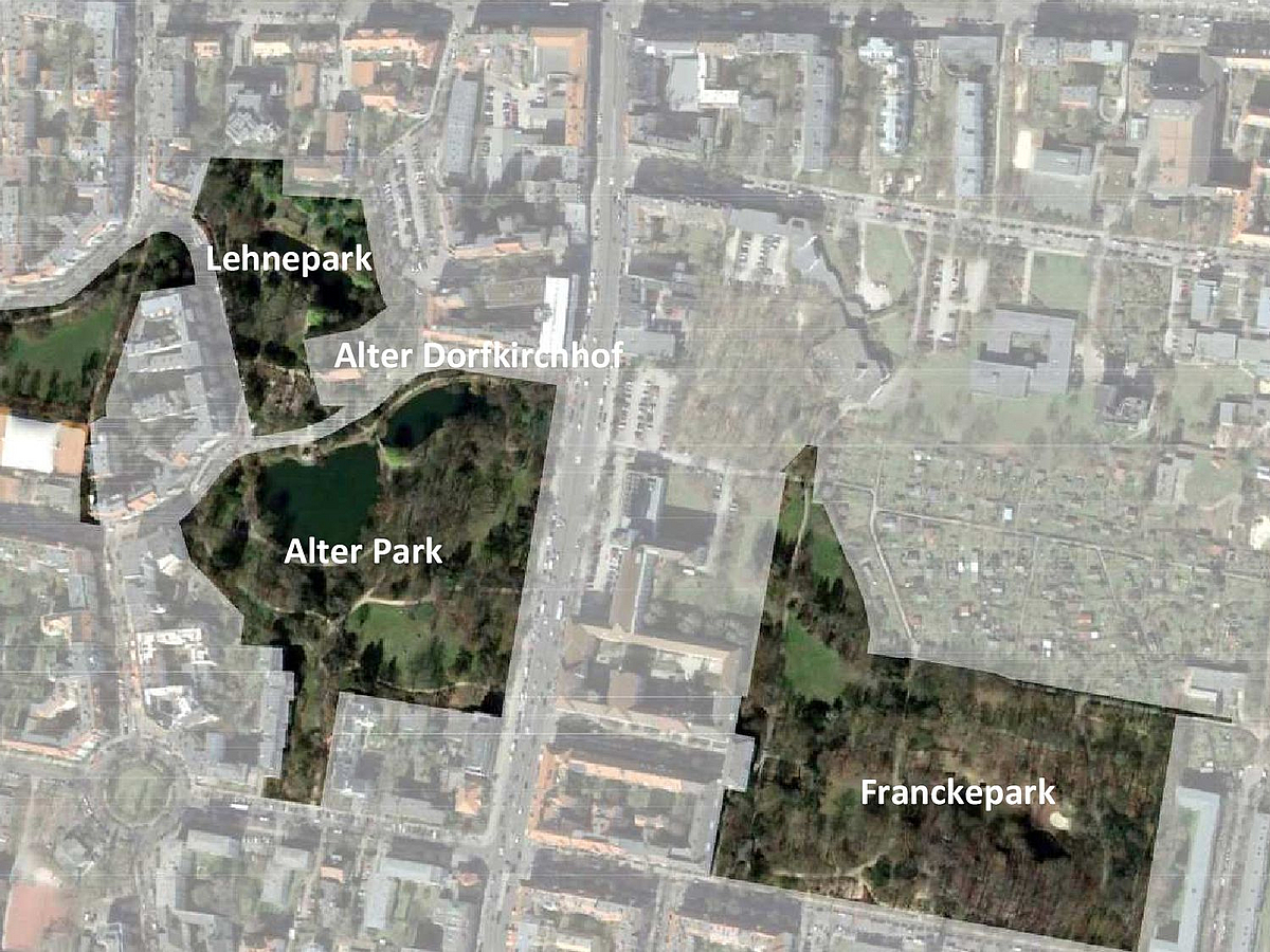 Luftbild mit hervorgehobenen Bereichen der vier Parks