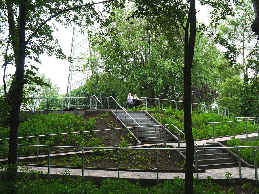 Blick durch Bäume auf Hügel mit Treppen, Rampen und Metall-Handläufen