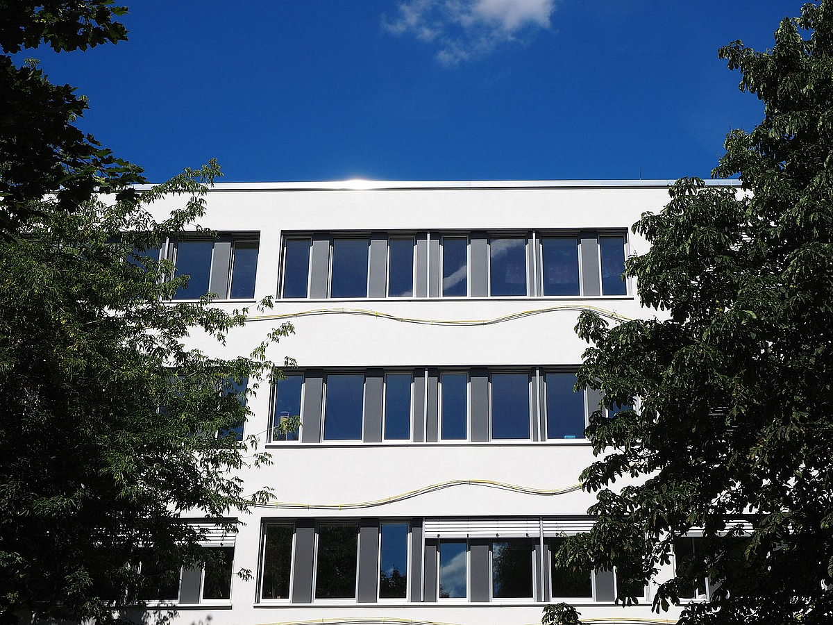 Blick auf die oberen Etagen an weißer Schulfassade mit Bändern, gerahmt von Bäumen