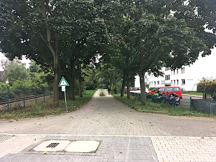 Baumallee mit gepflasterter Wegeaufweitung, Schild "Geschützte Grünanlage", Zaun