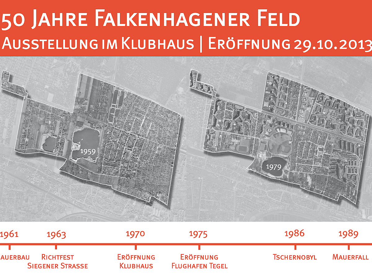Luftbilder 1959, 1979, 2011, Zeitleiste. 50 Jahre Falkenhagener Feld. Ausstellung im Klubhaus