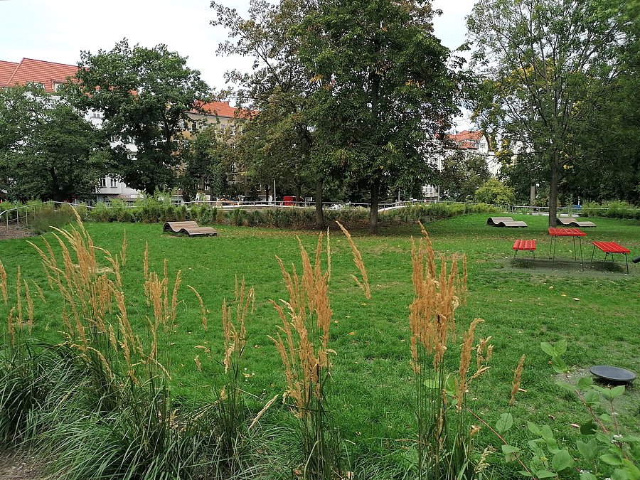 Rasen mit roter Tisch-Bank-Gruppe, davor hohe Gräser