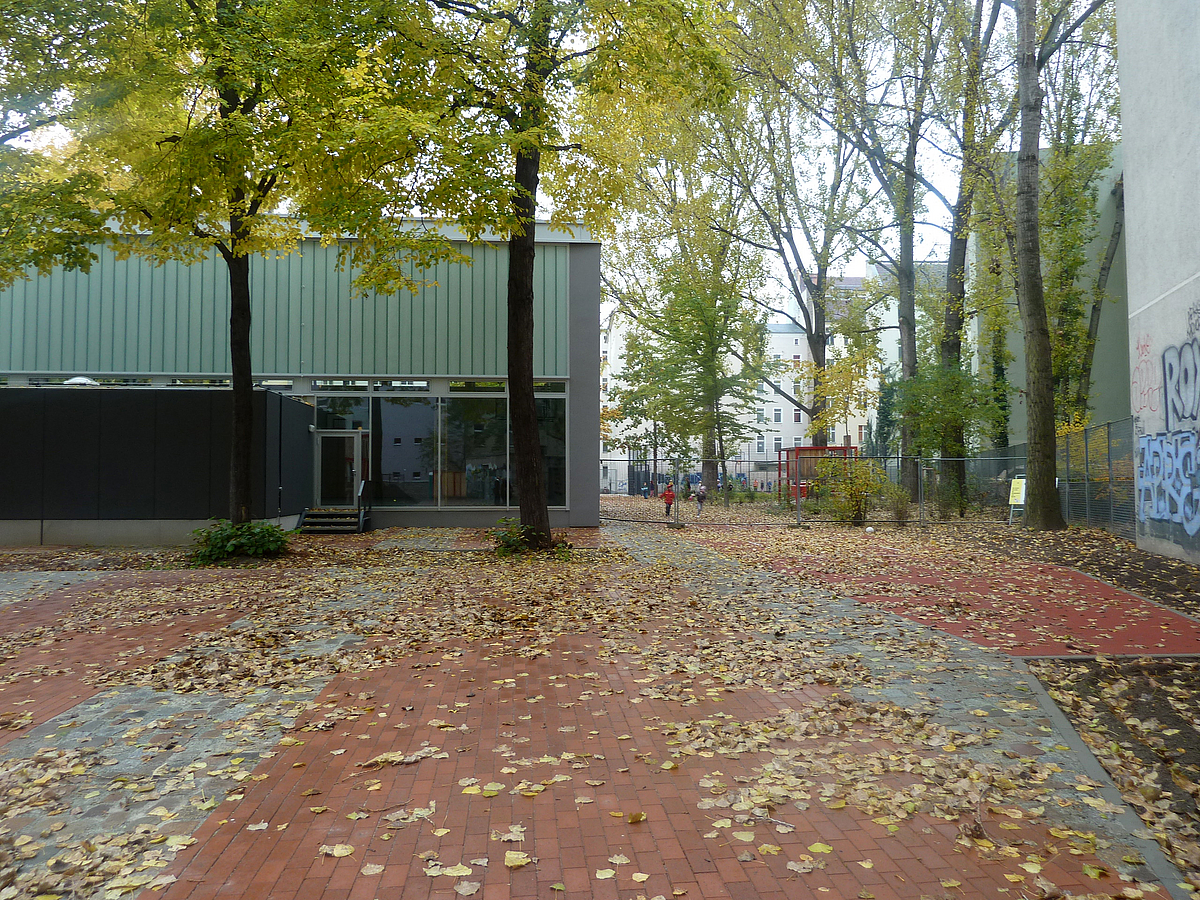 Gepflasterter Schulhof im Herbst, Eingang modernes Gebäude mit grünlicher Verblendung oben