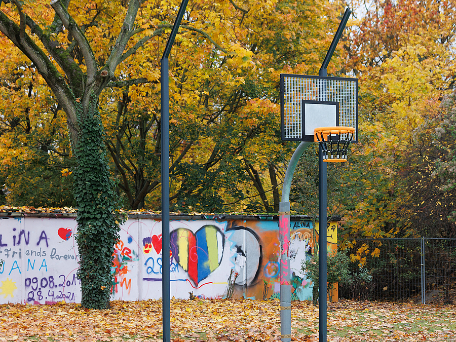 Basketballständer im Herbst vor Mauer mit Graffiti