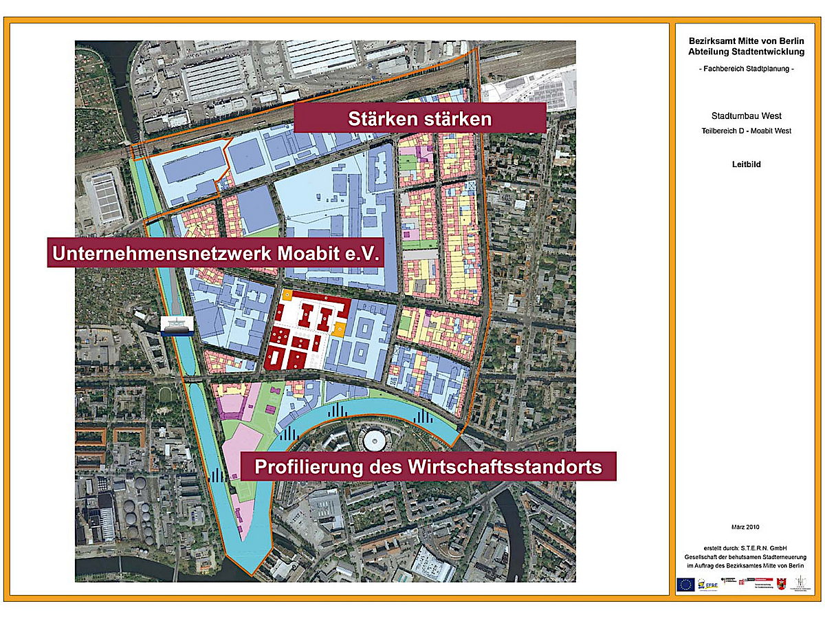 Karte Moabit West mit Schriften: Stärken stärken, Unternehmensnetzwerk Moabit e.V., Profilierung des Wirtschaftsstandorts