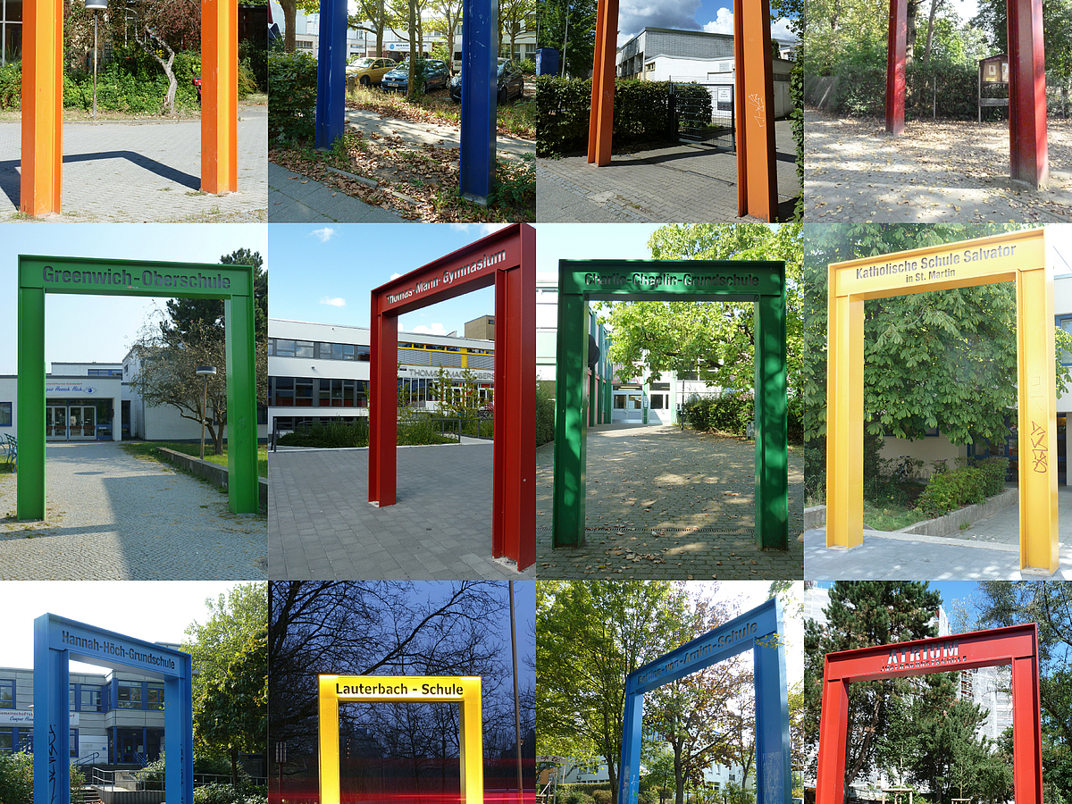 Collage aus Fotos von farbigen, rechteckigen Stahltoren