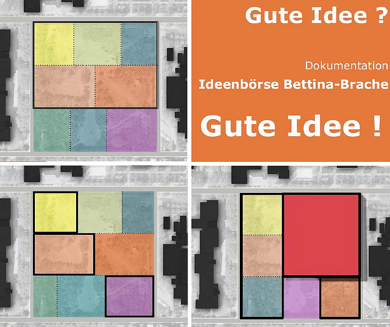 Grafik mit drei farbigen Rasterplänen und Schrift: Gute Idee - Dokumentation Ideen-Börse Bettina-Brache