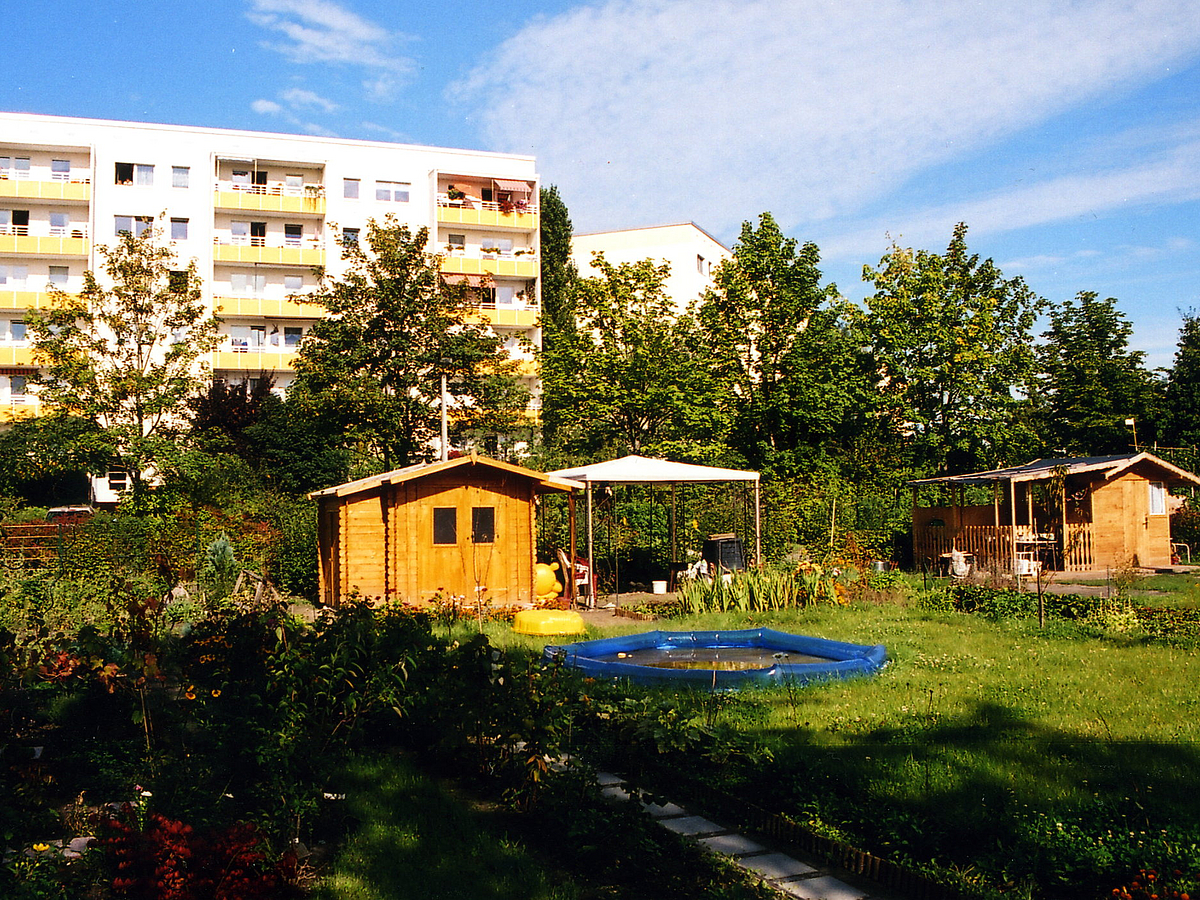 Das Gelände des Intrekulturellen Gartens mit Beeten und Gartenhäusern.