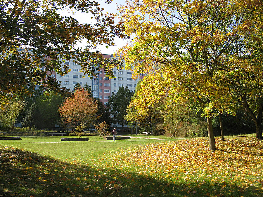 Herbstlicher Park mit niedrigen Granitblöcken, dahinter Plattenbauriegel