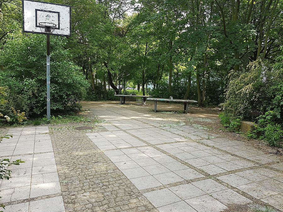 kleiner Platz mit Basketballkorb und Tischtennisplatte, umrahmt von Grün