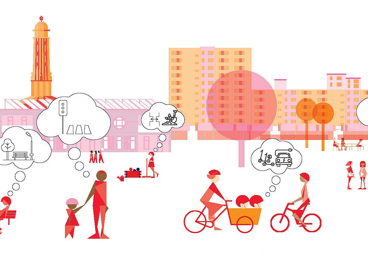 Grafik mit Figurengruppen ohne Autos mit Denkblasen vor Charlottenburg-Nord-Panorama