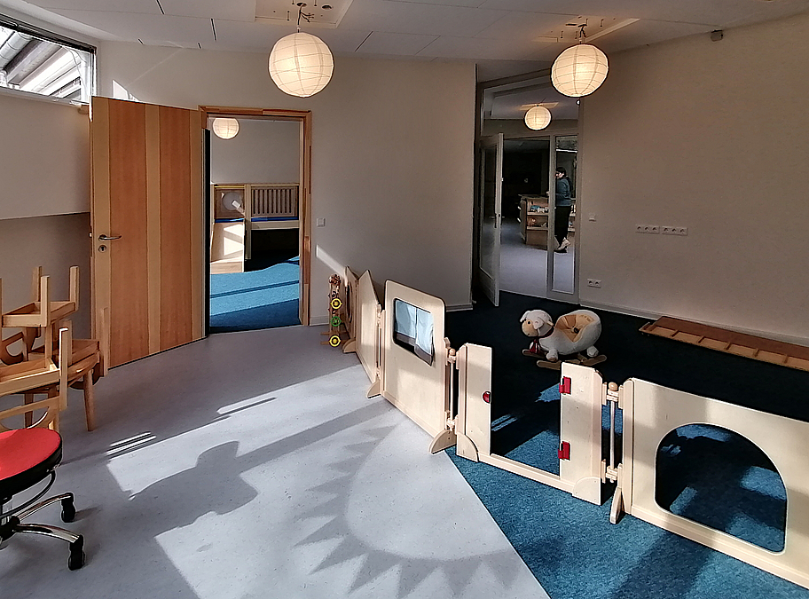 Raum mit Oberlicht, kleinem Holz-Raumteiler und blauem Teppich sowie Linoleum