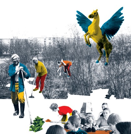 Schwarz-Weiß-Bild der Brache als Grudnlage für Grafik mit Menschen bei der Gartenarbeit und einem fliegenden Pegasus